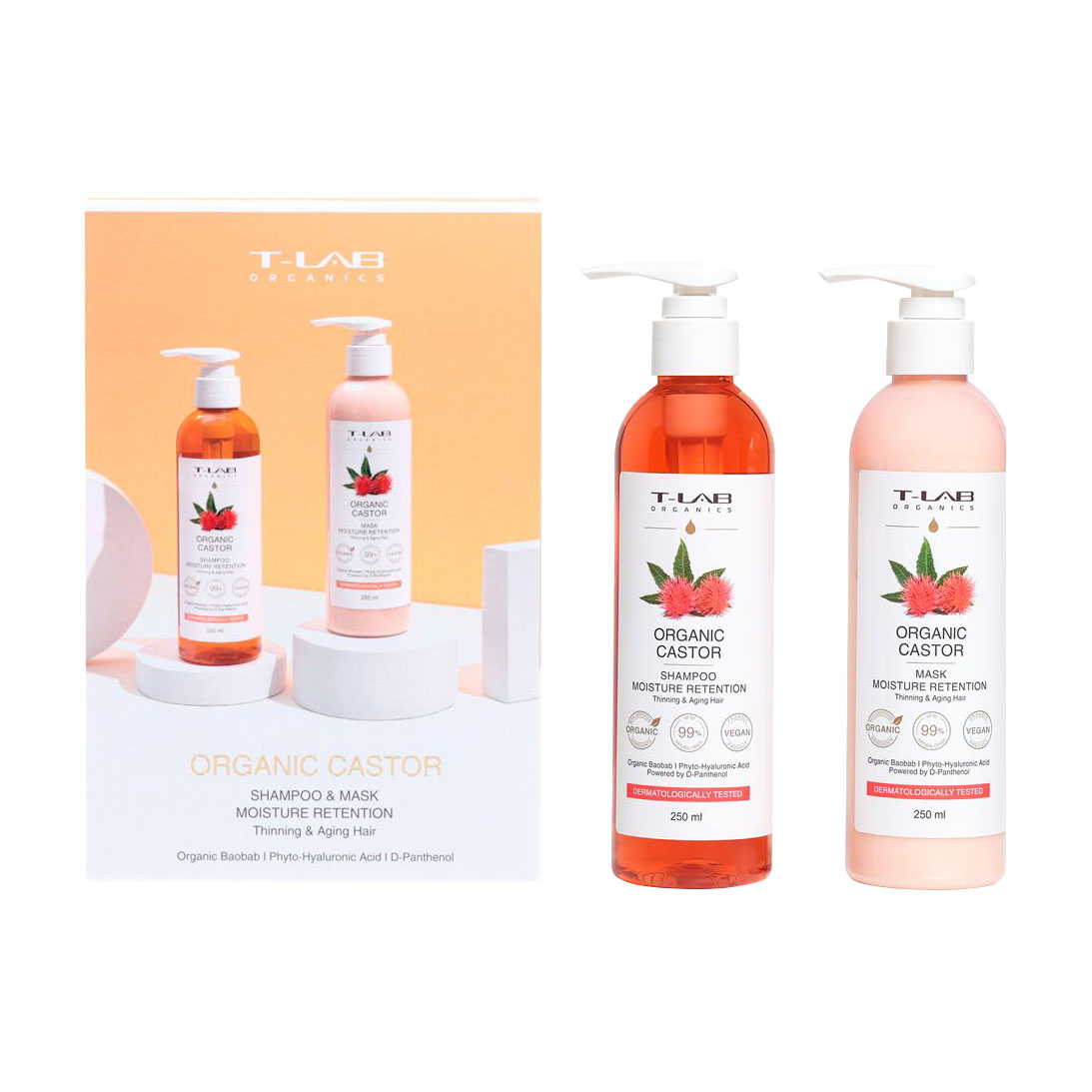Подарунковий набір для тонкого та ослабленого волосся T-LAB Professional Organic Castor (шампунь, 250 мл + маска, 250 мл)
